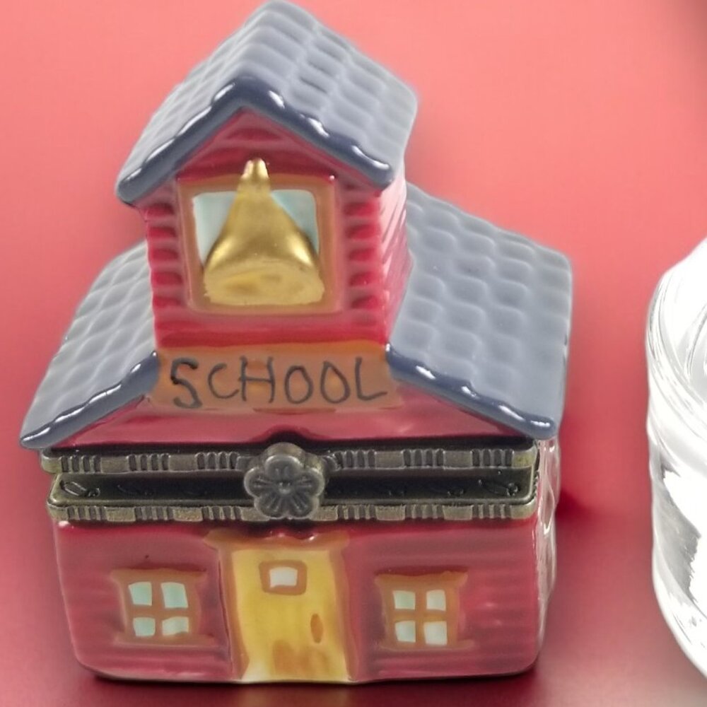 Mini Red Schoolhouse Jewelry Box Porcelain Trinket Secrets Box W/ a Hinged Lid